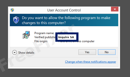 Screenshot where Inquiro SA appears as the verified publisher in the UAC dialog